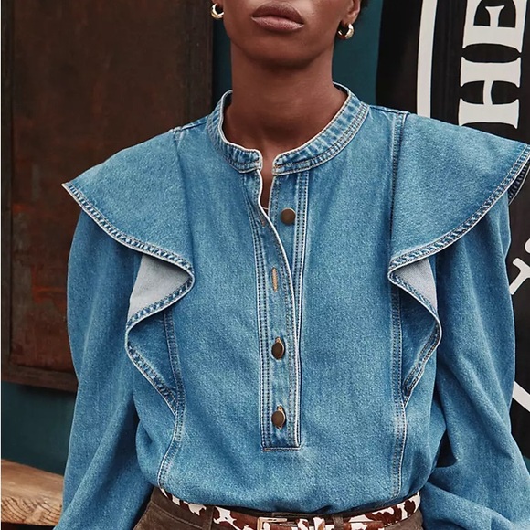 LOFT Blue Denim Button-Up Ruffle Top - Picture 4 of 4